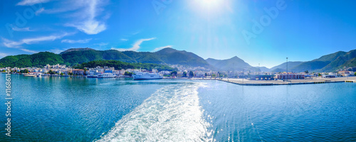 Greece ferryboat harbour panoramic shot. Artistic HDR image. photo