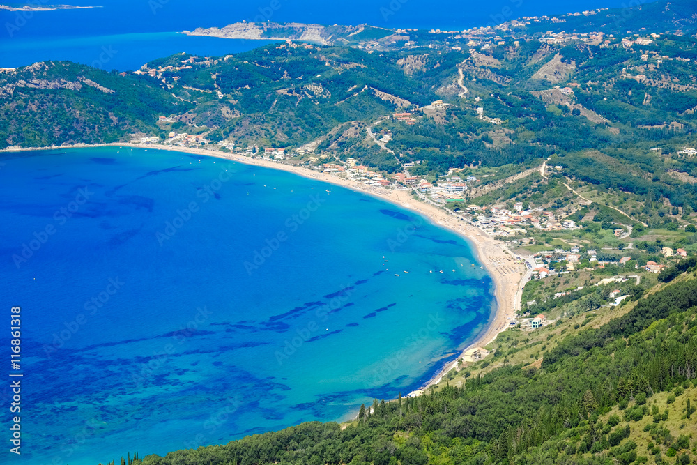 Corfu island panorama from above. Corfu beach coastline birds ey