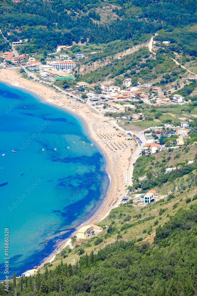 Corfu island panorama from above. Corfu beach coastline birds ey