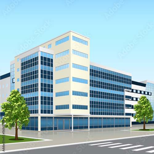 office building with an entrance and reflection