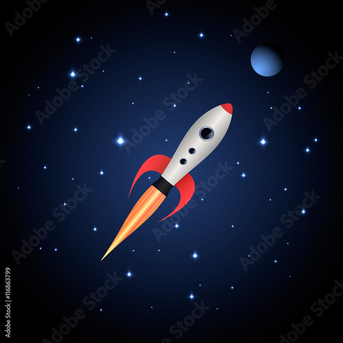 Fototapeta Naklejka Na Ścianę i Meble -  Cartoon rocket spaceship with space background and planets and stars. Vector illustration, eps 10.