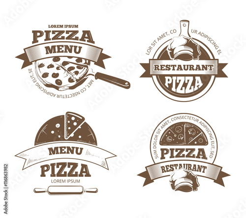 Retro pizzeria vector labels, logos, badges, emblems with pizza icons