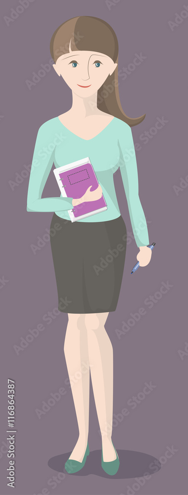 Girl with notebook and documents in hand , office sotrunik , teacher , student, business woman Girl with notebook and documents in hand , office sotrunik , teacher , student, business woman