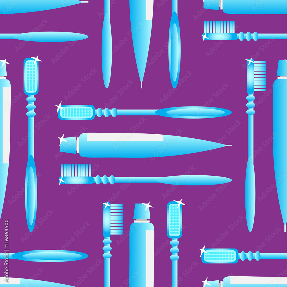 Toothbrush and toothpaste blue on the violet background seamless