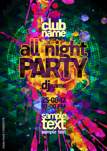 All night party abstract poster mock up, polygon and  vibrant blots, copy space for text