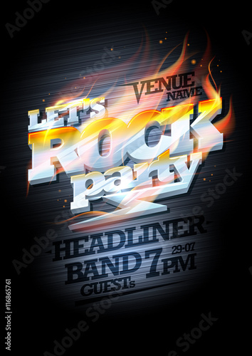 Rock party poster design mockup, burning metal headline