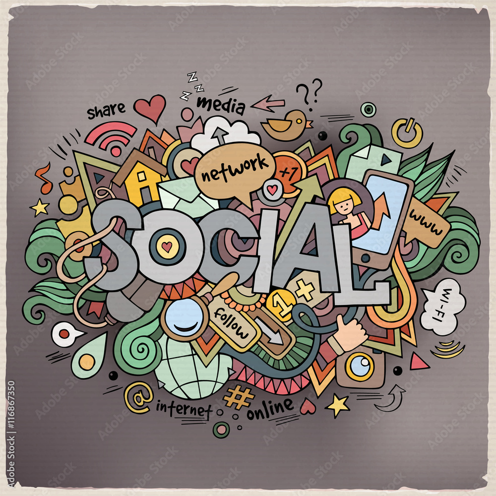 Fototapeta premium Social hand lettering and doodles elements background