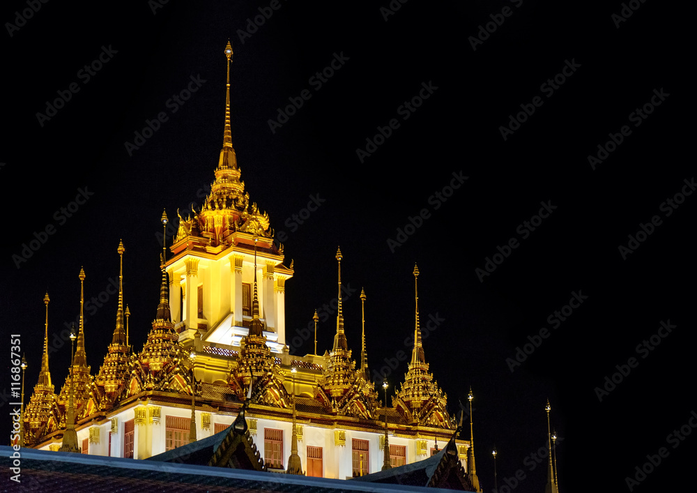 Wat Ratchanatdaram Temple at night, Bangkok, Thailand. Temple was submitted to UNESCO for consideration as a future World Heritage Site.