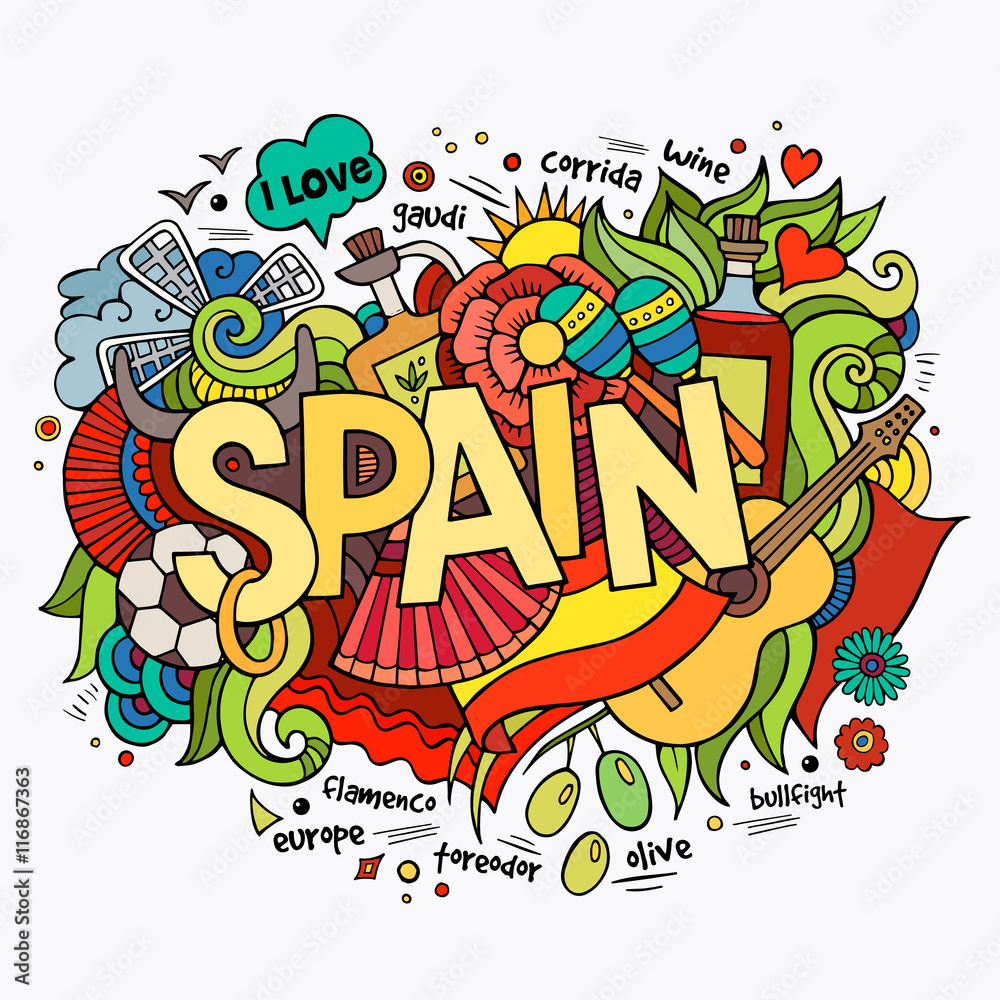 Spain hand lettering and doodles elements background