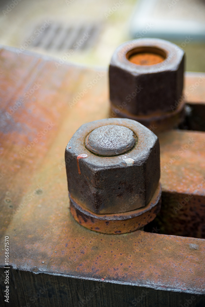 Old rusty metal nut locked with rust and bolts. Old rusty metal nut locked with rust and bolts.