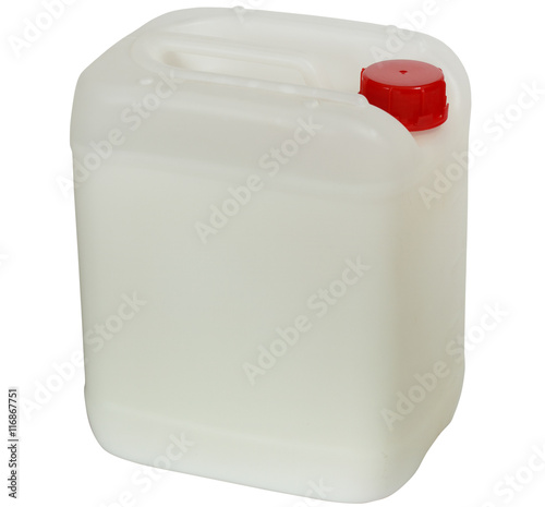 Plastic jerry can with red cap on a white background photo