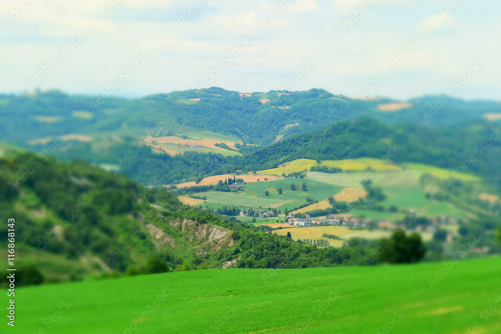 The Valmarecchia landscape, Italy. Tilt-shift effect applied. The Valmarecchia landscape, Italy. Tilt-shift effect applied.