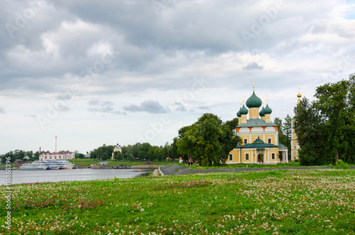 View of Transfiguration of Savior Cathedral and river pier, Uglich, Russia