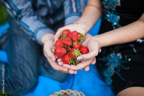 Fresh strawberries closeup. A woman and a man holding a strawberry in hand