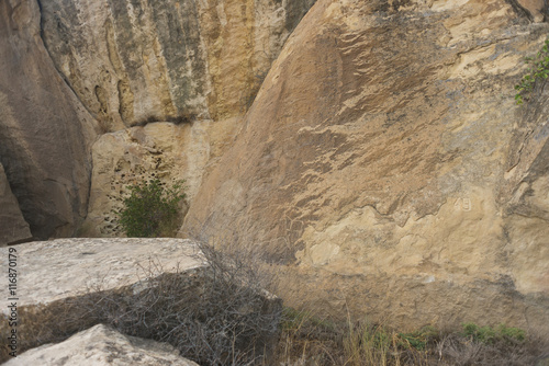 Detail of a stone wall in cave with ancient rock art petroglyphs in Gobustan National Park. Prehistorical petroglyph in Qobustan.