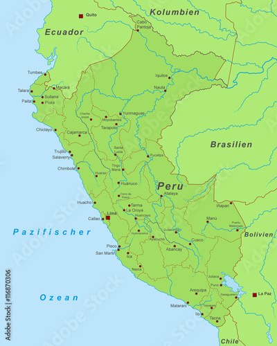 Peru Karte - Gr  n  detailliert 