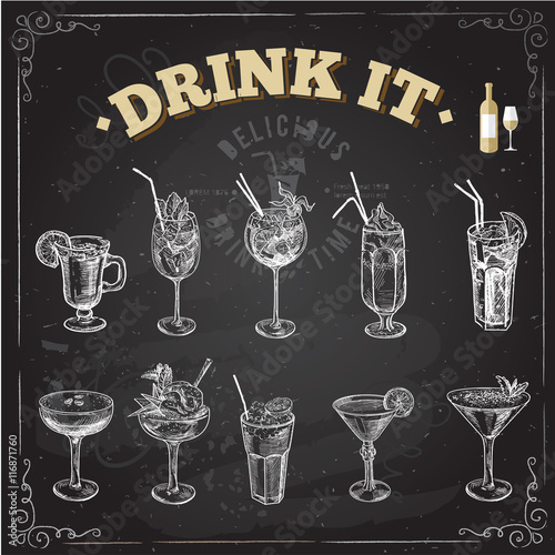 Hand drawn sketch set of alcoholic cocktails. Vector illustration
