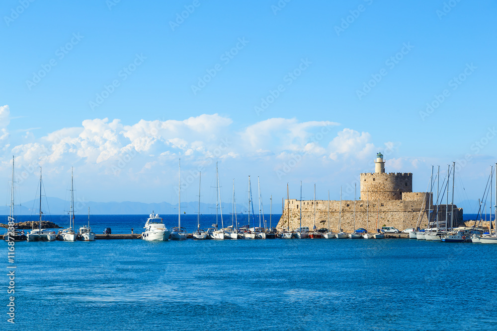 Ancient fortress at Mandraki Harbor, Rhodes, Greece