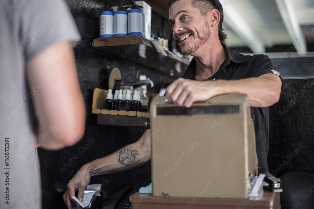Barber and customer, payment Barber and customer, payment