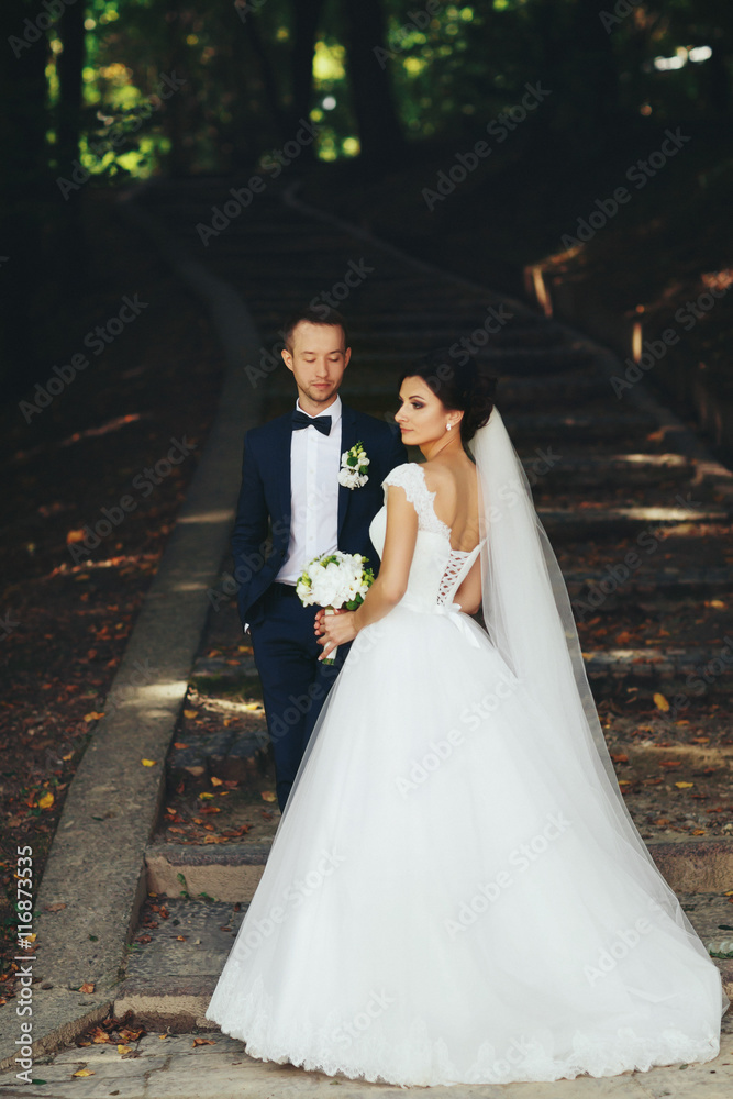 Bride and groom stand on the stairs in the park Bride and groom stand on the stairs in the park