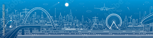 Industrial and transport panorama, urban skyline, white lines landscape, night city, airplane fly, train on the bridge, vector design art