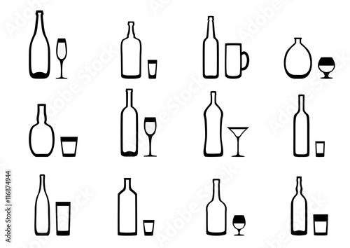 Set of black and white icons of the bottle with the appropriate glasses