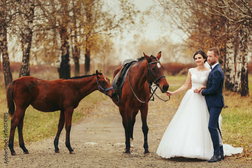 Bride and groom stand on the autumn road with horses