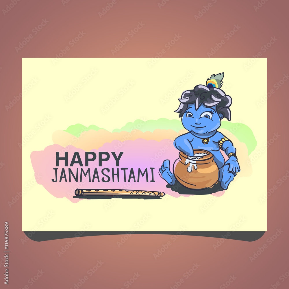 Krishna Janmashtami background in vector. Little cartoon Krishna with a pot  of butter. Greeting card for Krishna birthday. Illustration of India  community festival. Stock Vector | Adobe Stock