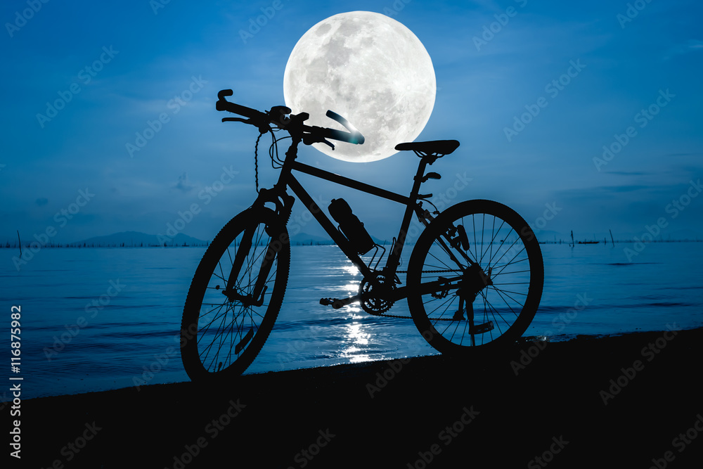 Fototapeta premium Silhouette of bicycle on the beach against beautiful full moon.