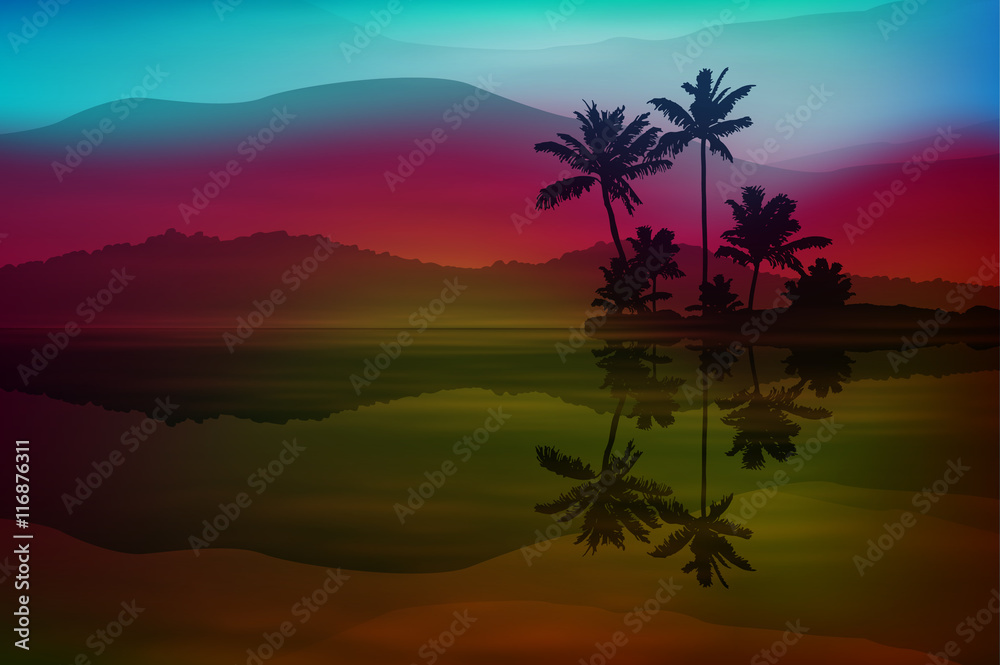 Background with sea and palm trees