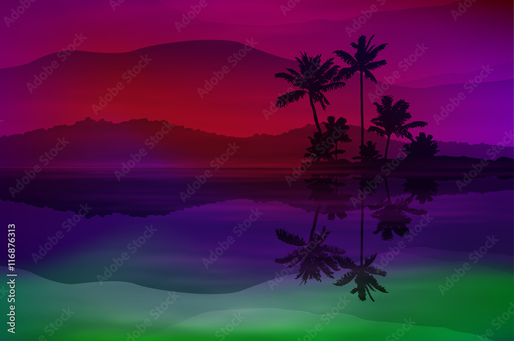 Purple background with sea and palm trees