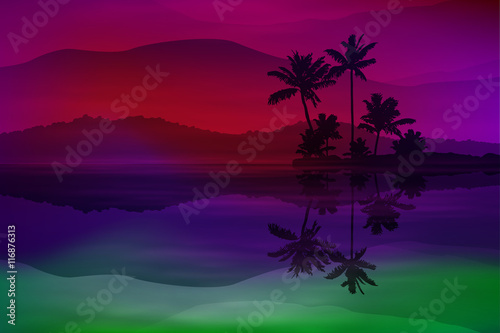 Purple background with sea and palm trees