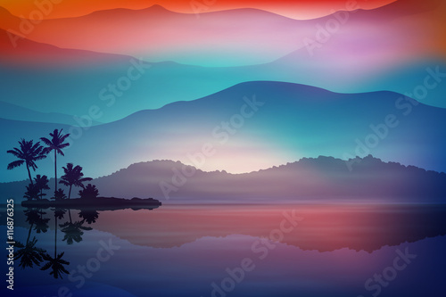 Purple-blue background with sea and palm trees