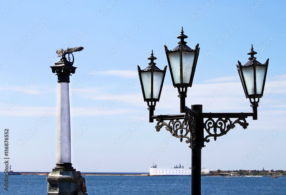The Sunken Ships Monument, symbol of Sevastopol, and lantern