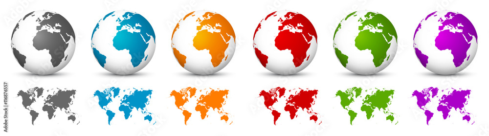 Fototapeta Białe globusy 3D z mapy świata w tym samym kolorze. Kolekcja Planet Earth z kolorowych kontynentów