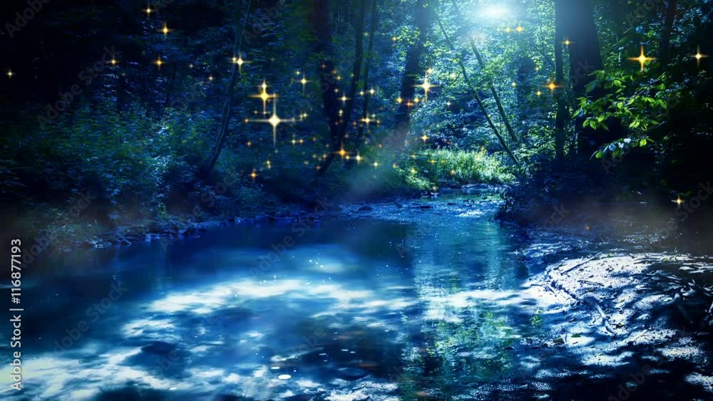 Landscape with fairy forest stream and fireflies on moon night. Nature background. 4K Landscape with fairy forest stream and fireflies on moon night. Nature background. 4K