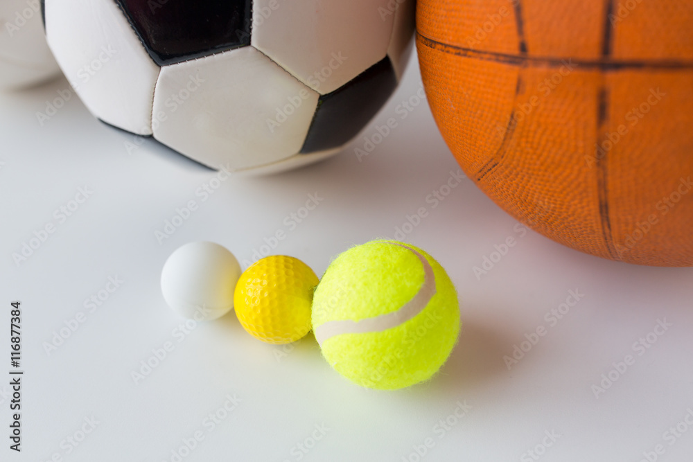 close up of different sports balls set close up of different sports balls set