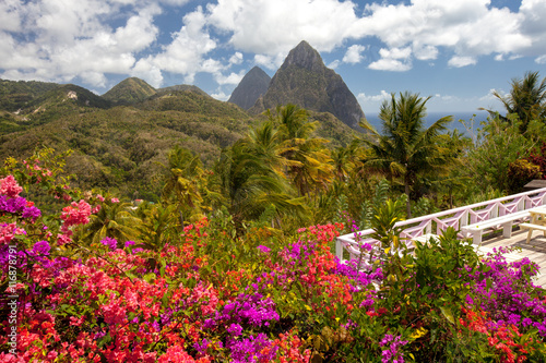 Tropical flowers, Piton mountains on Caribbean island of St Lucia. Patio overlooking lush plants, forest, mountains on Saint Lucia by the ocean, Soufriere Bay. Puffy white clouds, blue sky, sunny day.