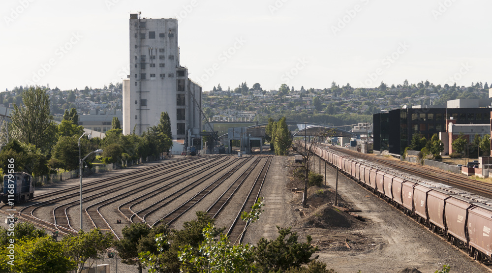 Fototapeta premium Multiple empty train tracks in the city of Seattle 