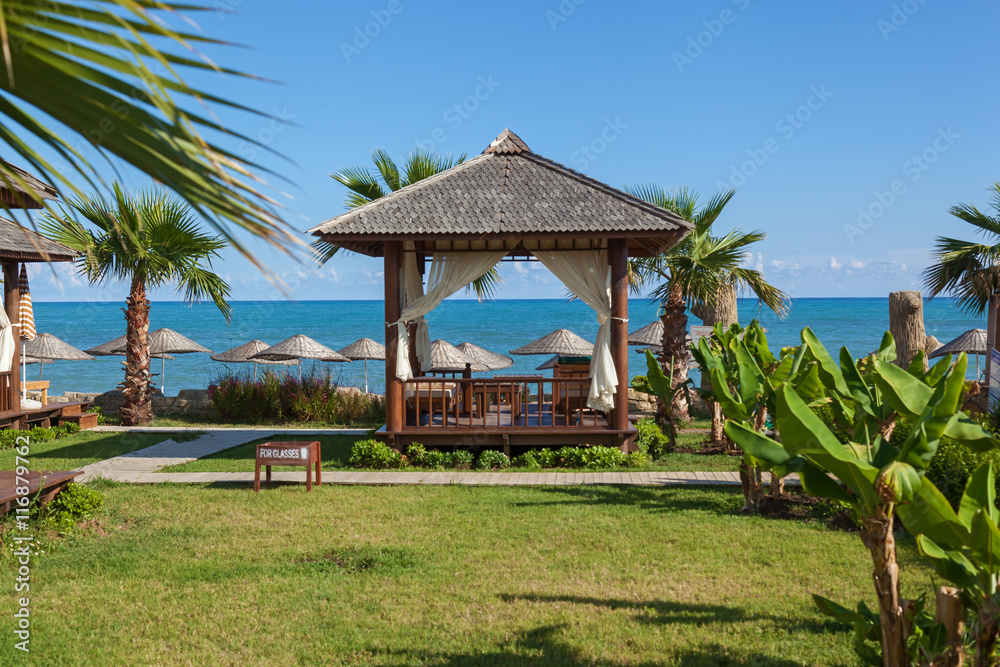 A pavilion on a tropical beach