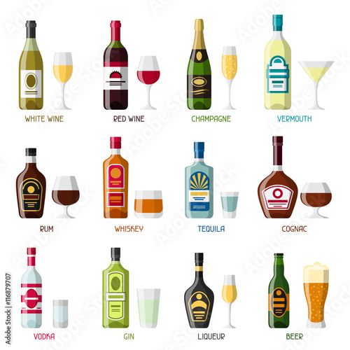Alcohol drinks icon set. Bottles, glasses for restaurants and bars