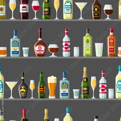 Alcohol drinks seamless pattern. Bottles, glasses for restaurants and bars