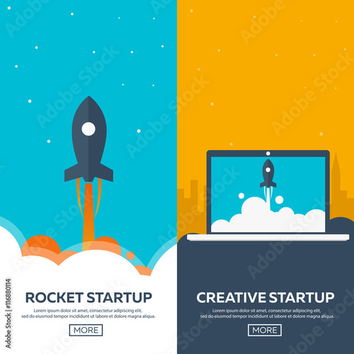 Rocket startup. Business. Rocket ship in a flat style.Vector illustration. Space travel to the moon.Space rocket launch. Project start up and development process.Innovation product,creative idea.