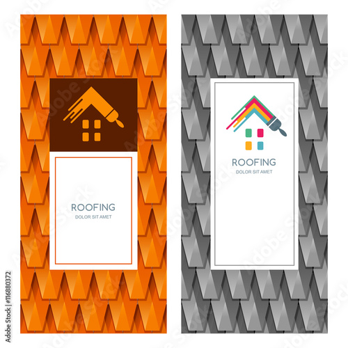 House repair and roofing vector logo, label, emblem design elements. Red and grey roof tile texture. Concept for building, house construction, staining and painting. Banner backgrounds.