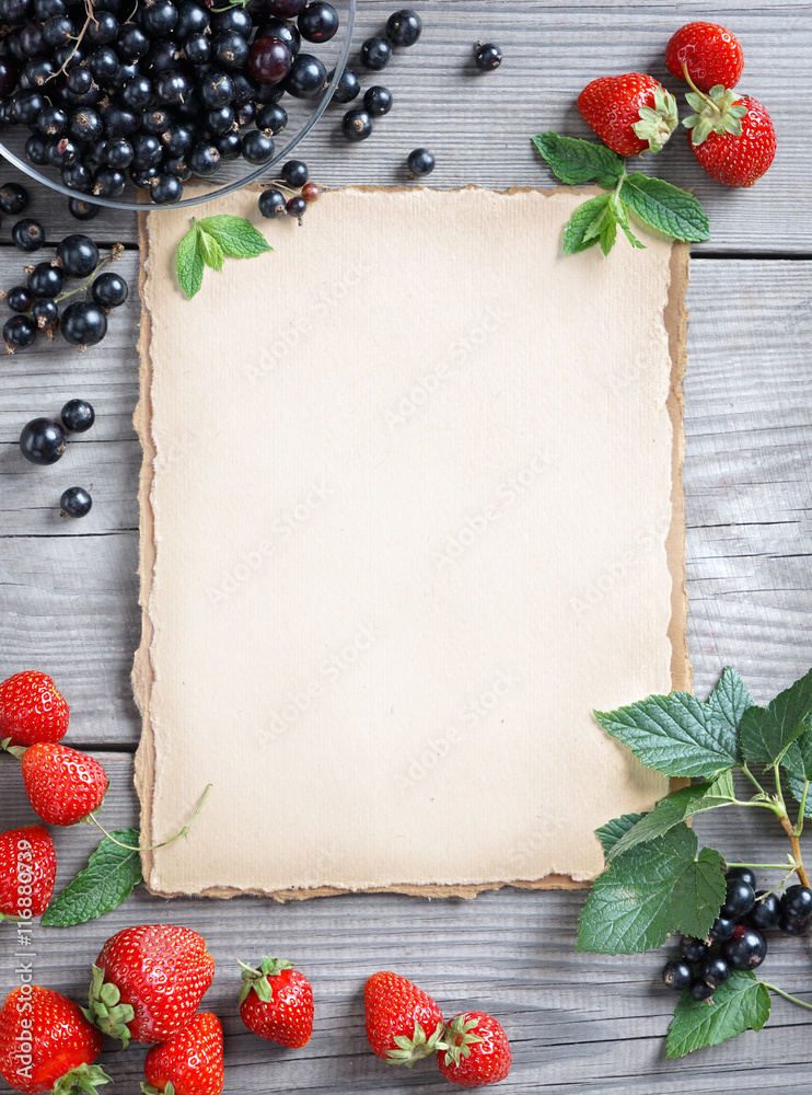 Healthy food background. Old paper with Strawberry and Currant on wooden  table. Copy space, top view, high resolution product. Harvest concept.  Stock Photo | Adobe Stock