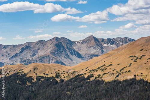Overlook of Rocky Mountains with plains and pine forest in Colorado