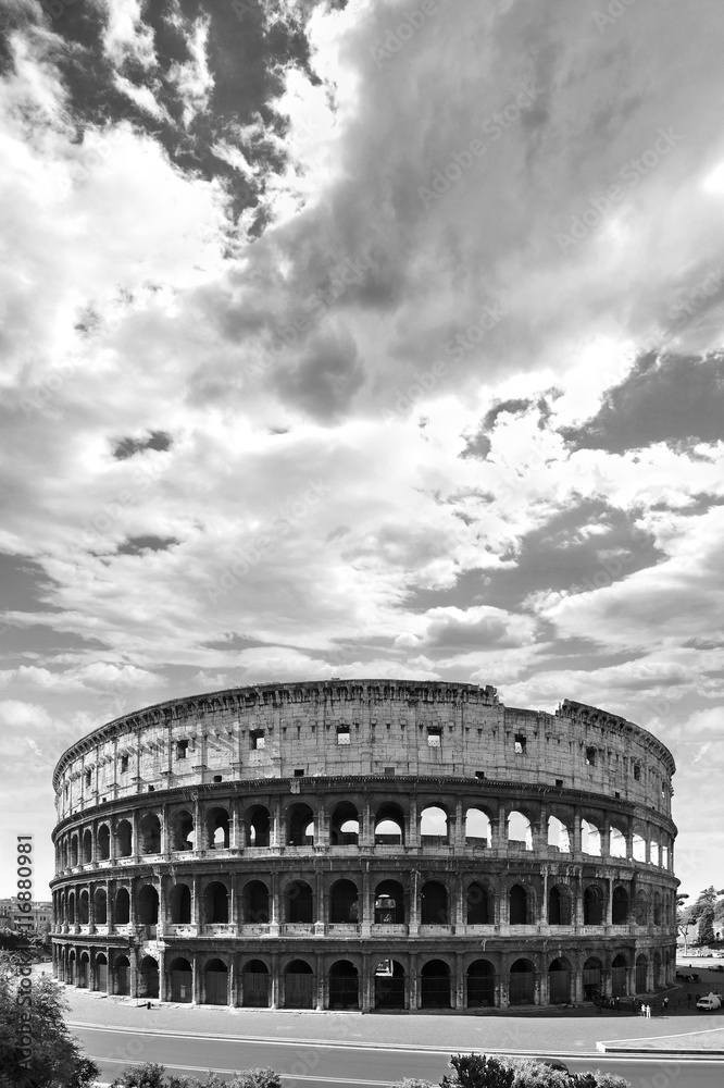 High contrast black and white of the ancient Roman Coliseum in Rome ...