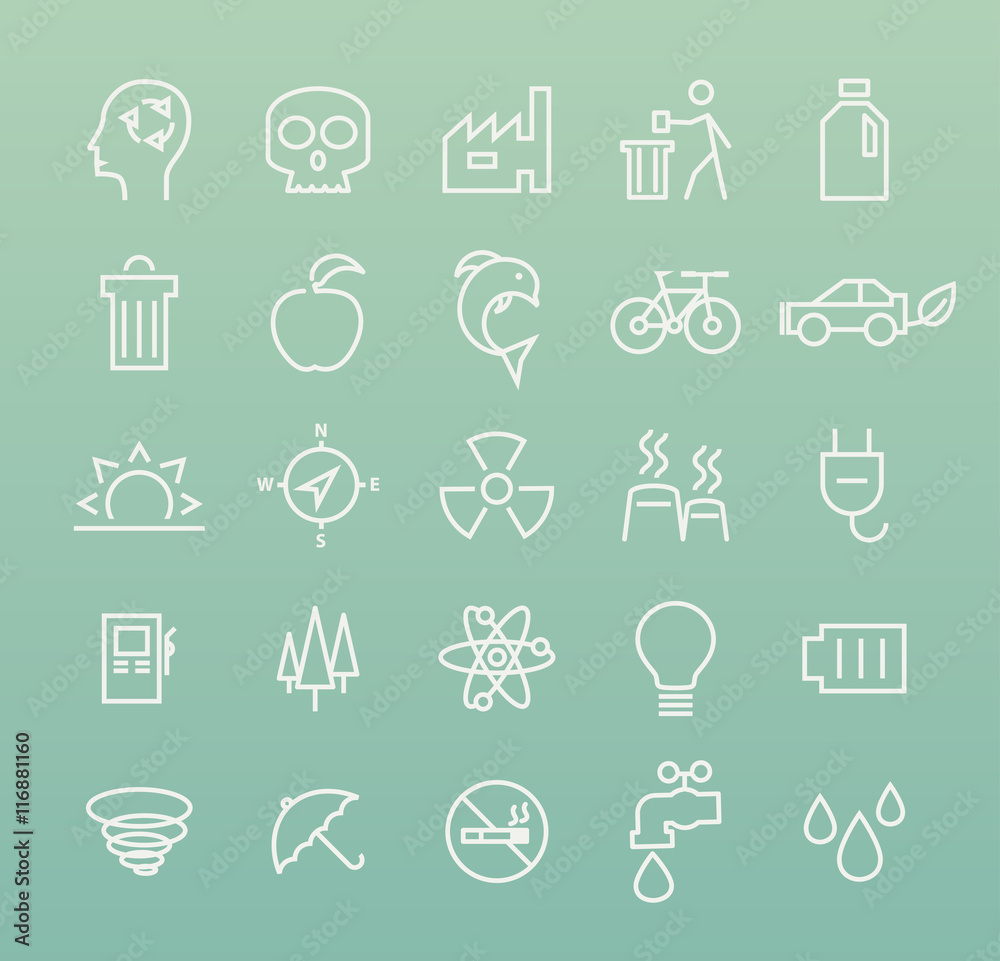 Set of Quality Isolated Universal Standard Minimal Simple Ecology White Thin Line Icons on Color Background. Set of Quality Isolated Universal Standard Minimal Simple Ecology White Thin Line Icons on Color Background.