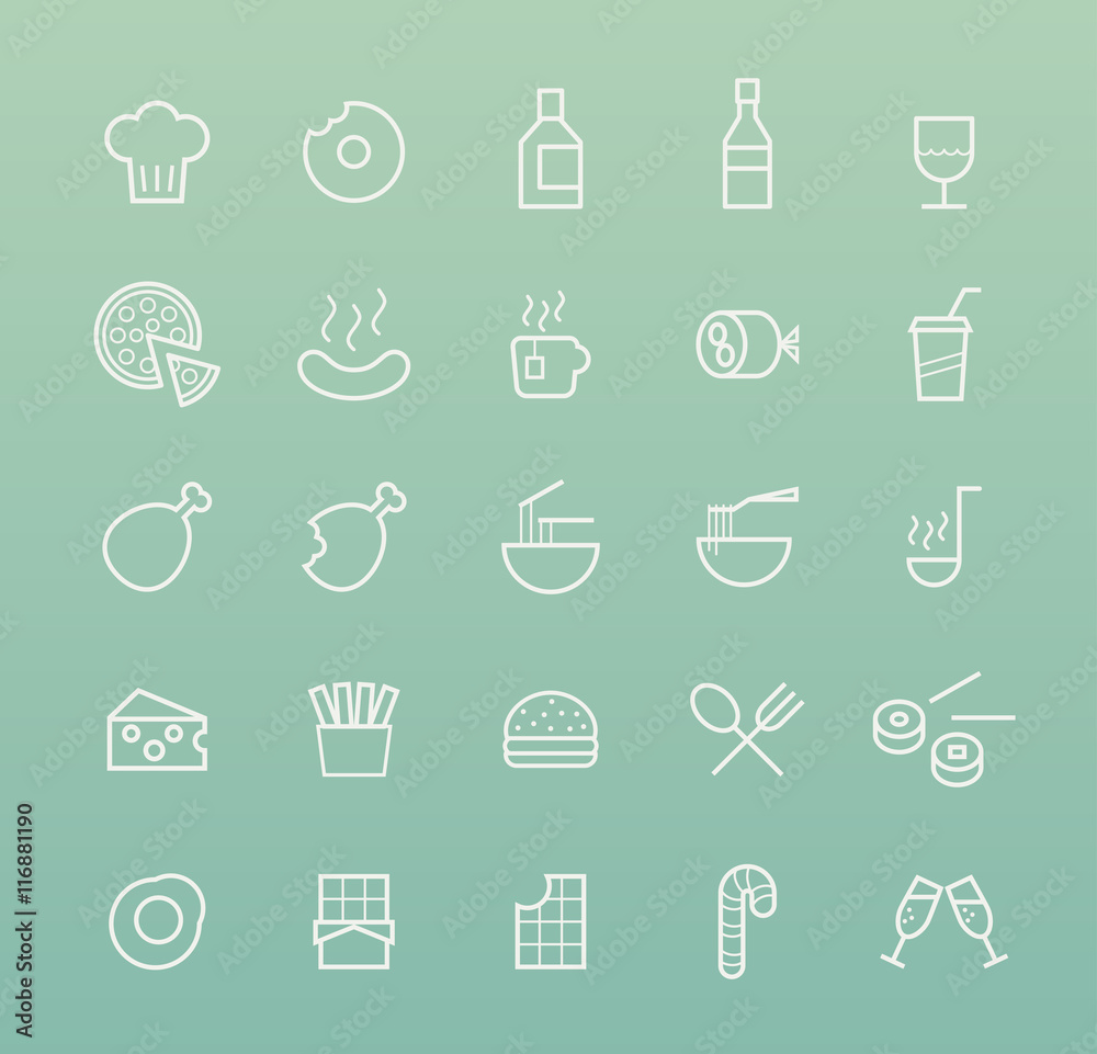 Set of Quality Isolated Universal Standard Minimal Simple Food White Thin Line Icons on Color Background. Set of Quality Isolated Universal Standard Minimal Simple Food White Thin Line Icons on Color Background.