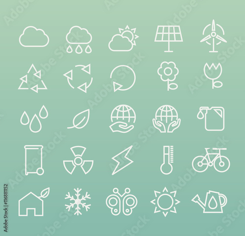 Set of White Minimal Simple Ecology Thin Line Icons on Color Background.